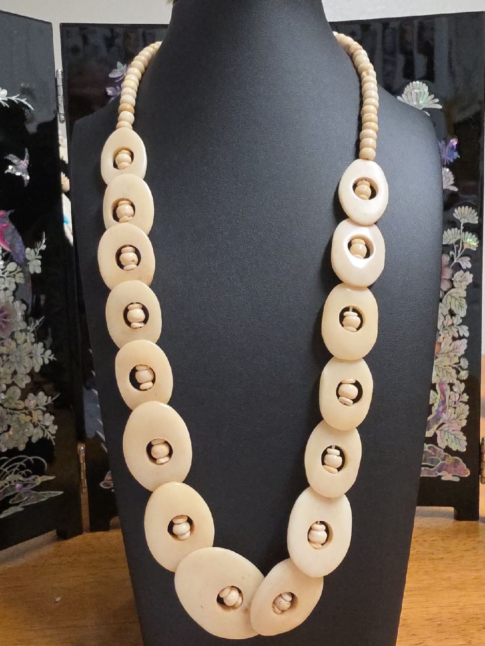 Artisan  Carved Bovine Bone Orbital Design Statement Necklace